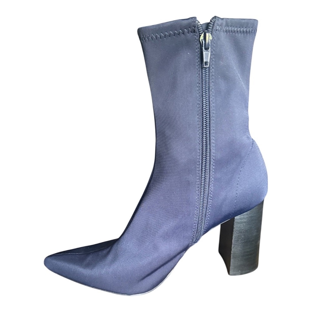 Jeffrey Campbell Siren Navy Blue Fabric Ankle Booties Pointed Toe Block Heel